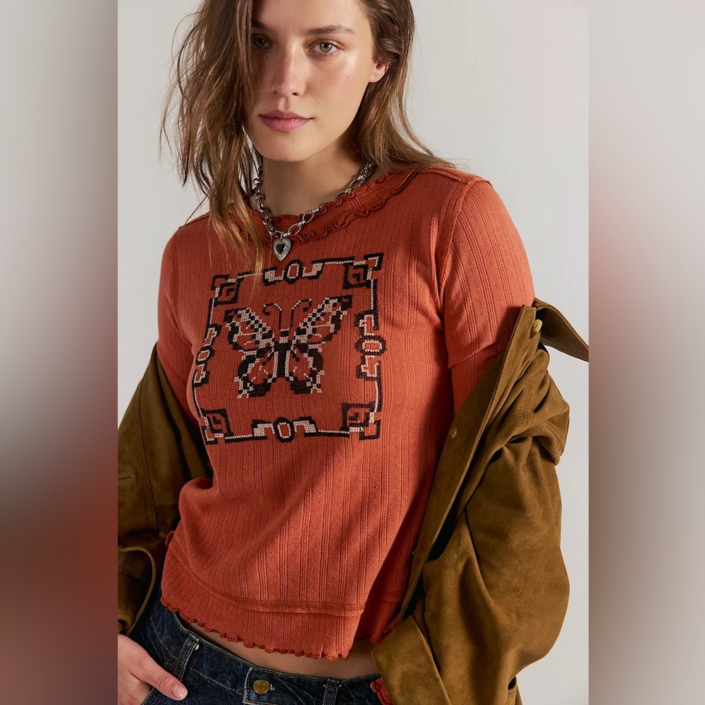Free People We the Free Ribbed Rust Butterfly Graphic Long-Sleeve Top Small